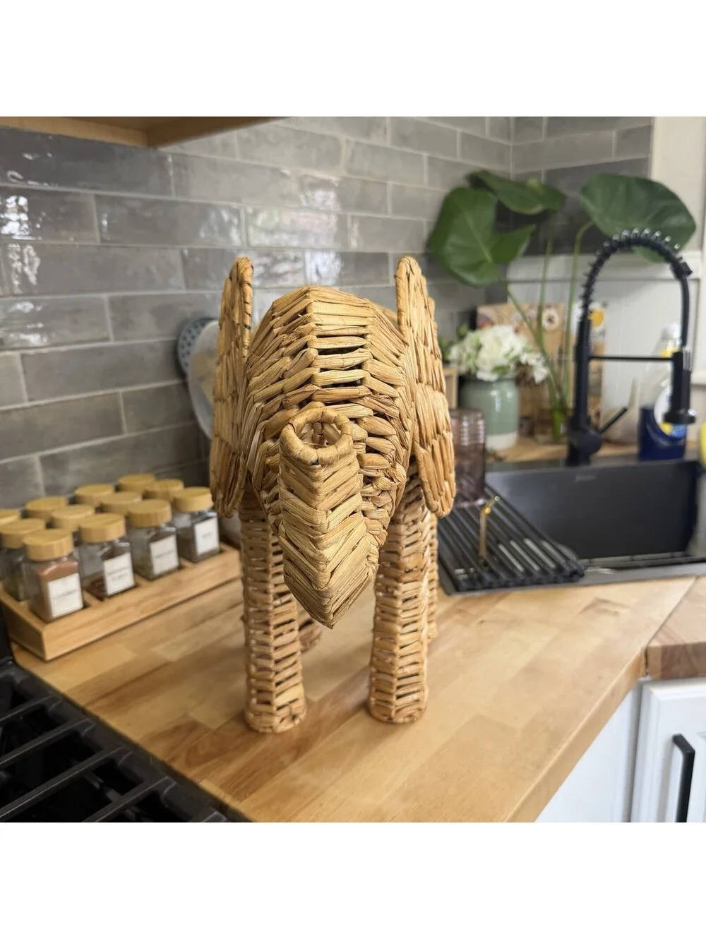 MCM 15” Woven Wicker Elephant Statue Decor Vintage Handmade Safari